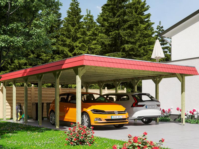 Skan Holz Carport Spreewald 585 x 893 cm mit roter Blende