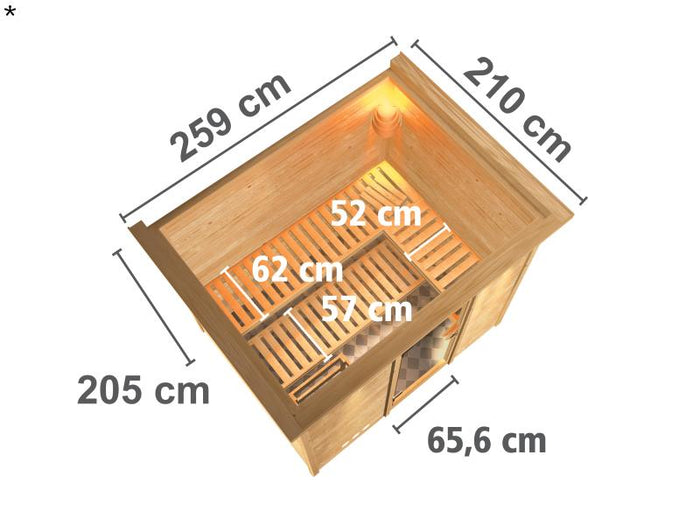 Sonara - Karibu Sauna inkl. 9-kW-Ofen - mit Dachkranz -