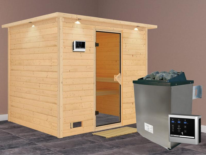 Sonara - Karibu Sauna inkl. 9-kW-Ofen - mit Dachkranz -