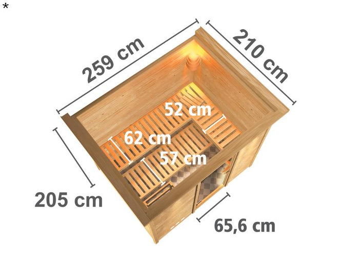 Sonara - Karibu Sauna inkl. 9-kW-Ofen - mit Dachkranz -