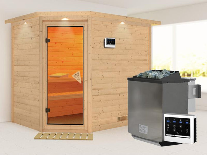 Tanami - Karibu Sauna inkl. 9-kW-Bioofen - mit Dachkranz -