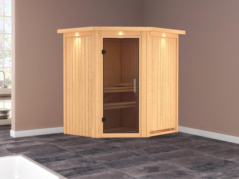 Taurin - Karibu Sauna ohne Ofen - mit Dachkranz -Moderne Saunatür