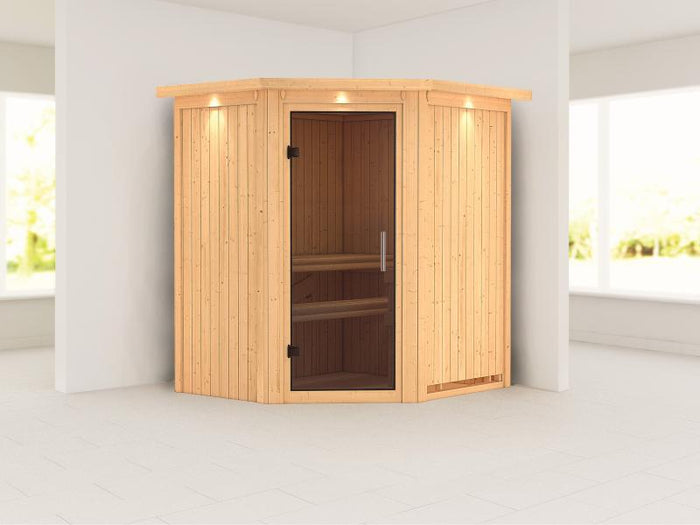 Taurin - Karibu Sauna ohne Ofen - mit Dachkranz -Moderne Saunatür