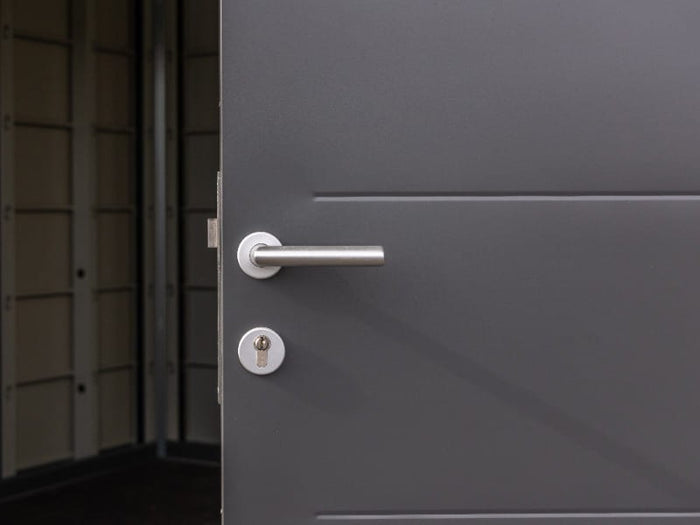 Telluria Metall-Gerätehaus Classico 2424 Granitgrau mit kleinem Seitendach rechts