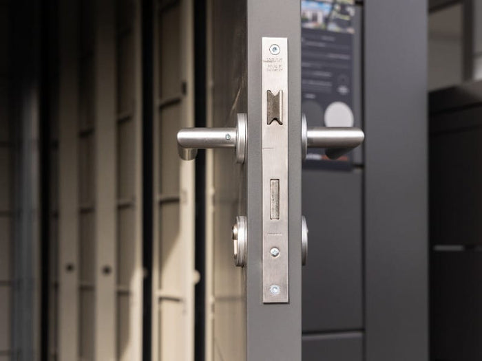 Telluria Metall-Gerätehaus Classico 2424 Granitgrau mit kleinem Seitendach rechts