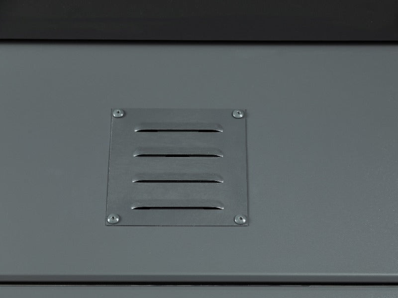 Telluria Metall-Gerätehaus Classico 2424 Granitgrau mit großem Seitendach links