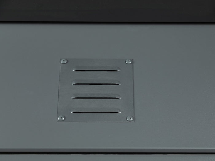 Telluria Metall-Gerätehaus Classico 2424 Lichtgrau mit Lounge links, inkl. 2 Fenster