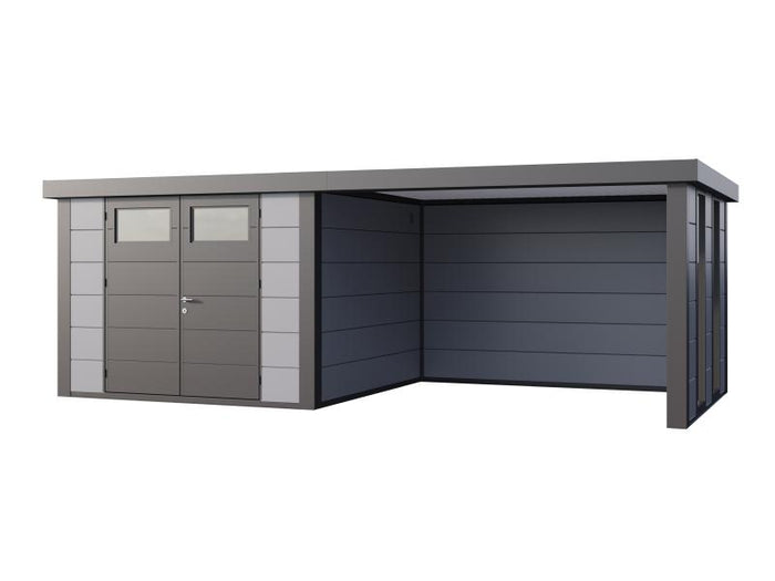 Telluria Metall-Gerätehaus Classico 3030 Lichtgrau mit großer Lounge rechts, inkl. 2 Fenster