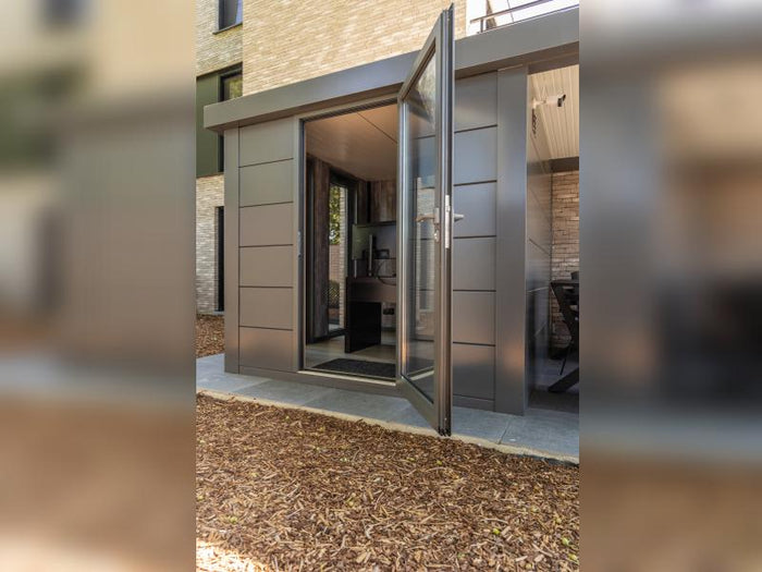 Telluria Metall-Gerätehaus Luminato 5436+, Lichtgrau, inkl. 2 bodentiefe Fenster