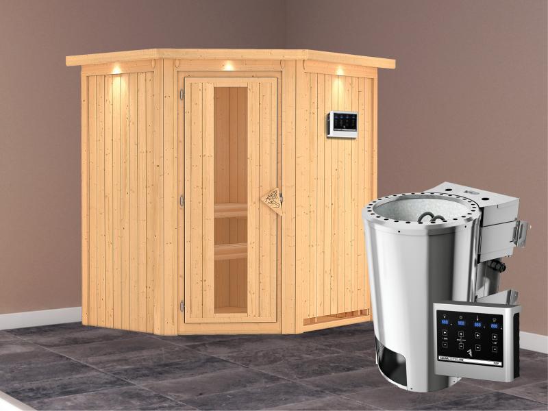 Tonja - Karibu Sauna Plug & Play 3,6 kW Bio Ofen, ext. Steuerung - mit Dachkranz - Energiespartür