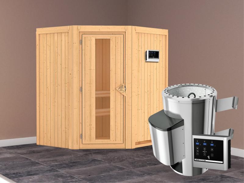 Tonja - Karibu Sauna Plug & Play 3,6 kW Ofen, ext. Steuerung - ohne Dachkranz - Energiespartür