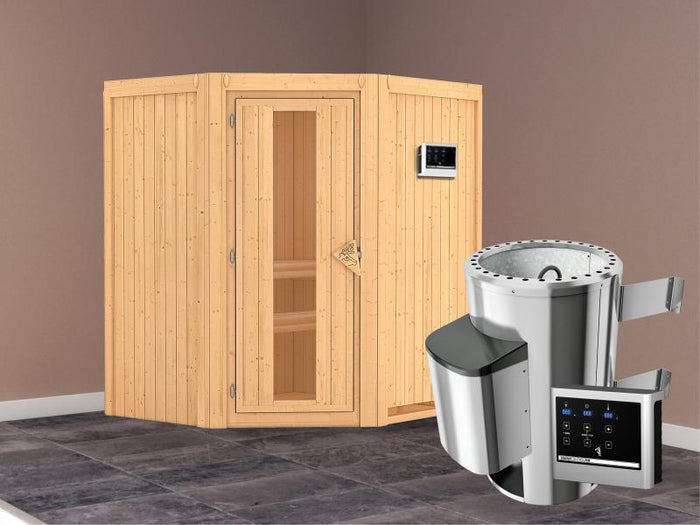 Tonja - Karibu Sauna Plug & Play 3,6 kW Ofen, ext. Steuerung - ohne Dachkranz - Energiespartür