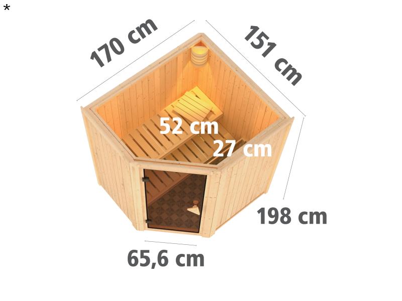 Tonja - Karibu Sauna Plug & Play 3,6 kW Ofen, ext. Steuerung - ohne Dachkranz - Energiespartür