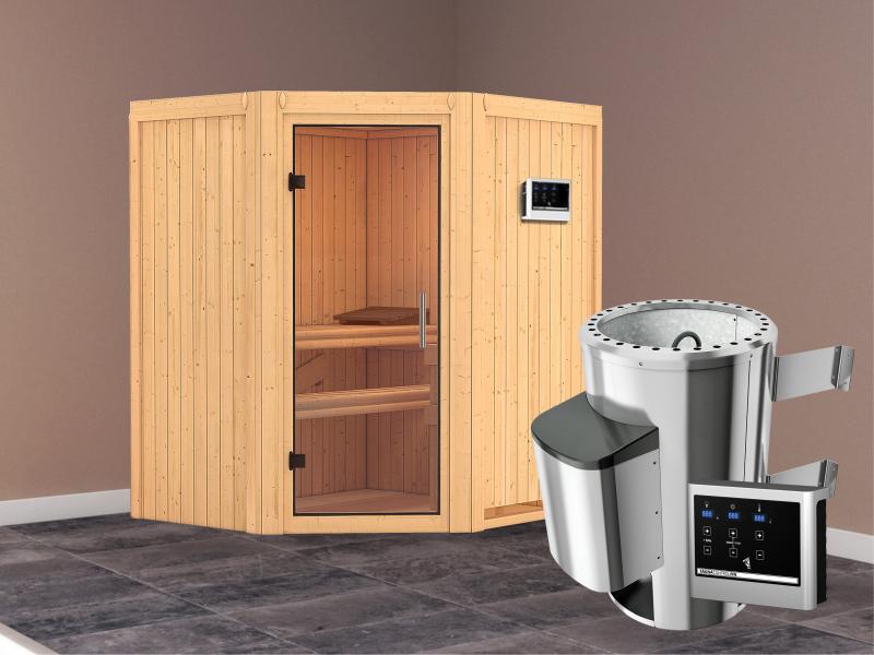 Tonja - Karibu Sauna Plug & Play 3,6 kW Ofen, ext. Steuerung - ohne Dachkranz - Klarglas Ganzglastür