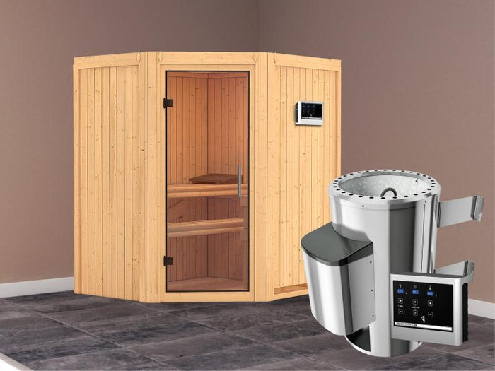 Tonja - Karibu Sauna Plug & Play 3,6 kW Ofen, ext. Steuerung - ohne Dachkranz - Klarglas Ganzglastür