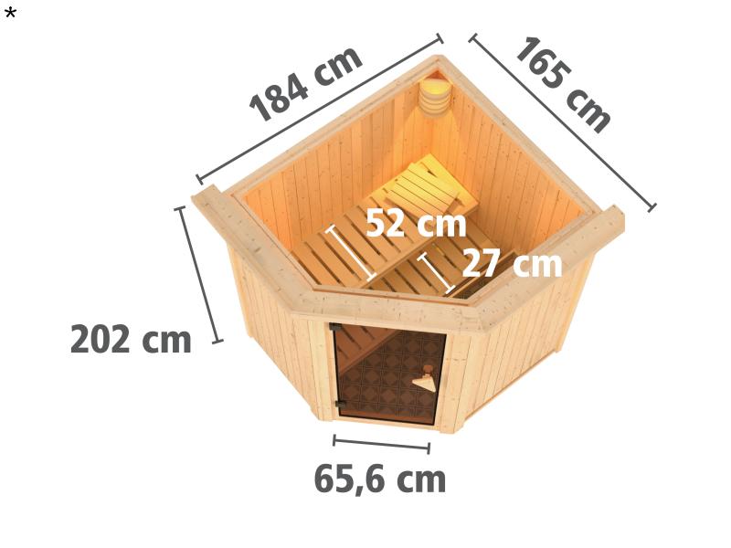 Tonja - Karibu Sauna Plug & Play 3,6 kW Ofen, ext. Steuerung - mit Dachkranz - Klarglas Ganzglastür