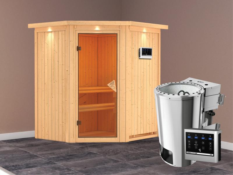Tonja - Karibu Sauna Plug & Play inkl. 3,6 kW-Bioofen ext. Steuerung - mit Dachkranz -