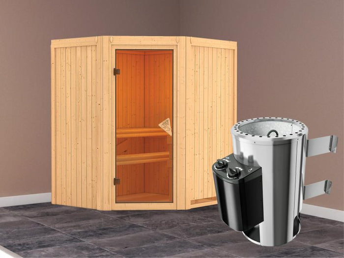 Tonja - Karibu Sauna Plug & Play inkl. 3,6 kW-Ofen int. Steuerung - ohne Dachkranz -