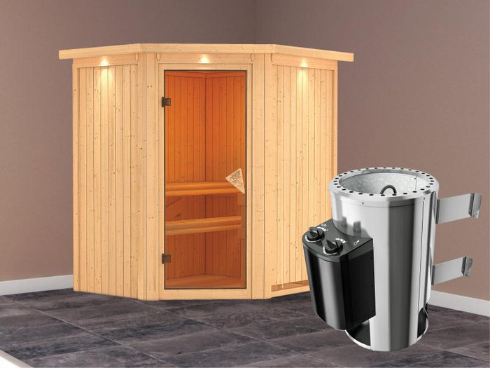 Tonja - Karibu Sauna Plug & Play inkl. 3,6 kW-Ofen int. Steuerung - mit Dachkranz -