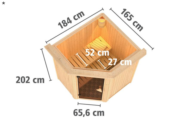 Tonja - Karibu Sauna Plug & Play inkl. 3,6 kW-Ofen int. Steuerung - mit Dachkranz -