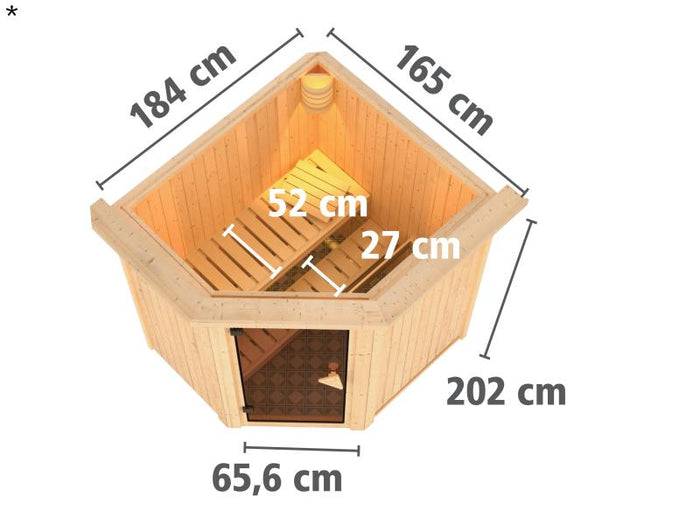 Tonja - Karibu Sauna Plug & Play ohne Ofen - mit Dachkranz - Energiespartür