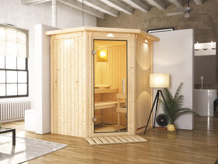 Tonja - Karibu Sauna Plug & Play ohne Ofen - mit Dachkranz - Klarglas Ganzglastür