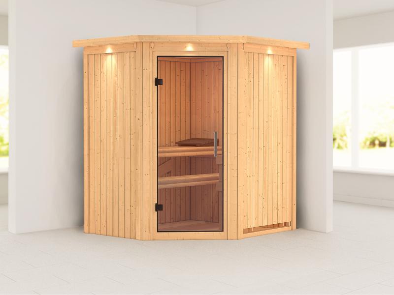 Tonja - Karibu Sauna Plug & Play ohne Ofen - mit Dachkranz - Klarglas Ganzglastür