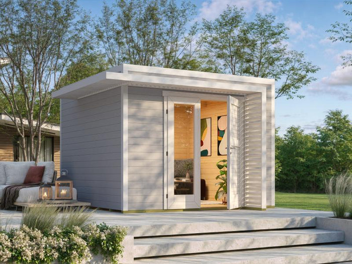 Weka Design-Gartenhaus Pure Garden Amberley 1,5, 28 mm, 300x300 cm, Grau/Weiß, Design-Doppeltür