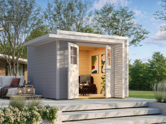 Weka Design-Gartenhaus Pure Garden Amberley 1/3, 28 mm, 300x300 cm, Grau/Weiß, Massivholz-Doppeltür