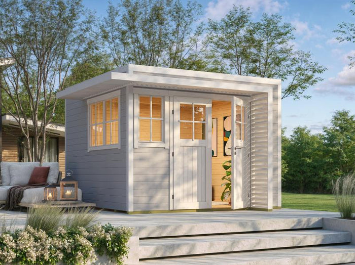 Weka Design-Gartenhaus Pure Garden Amberley 1/3, 28 mm, 300x300 cm, Grau/Weiß, Massivholz-Doppeltür