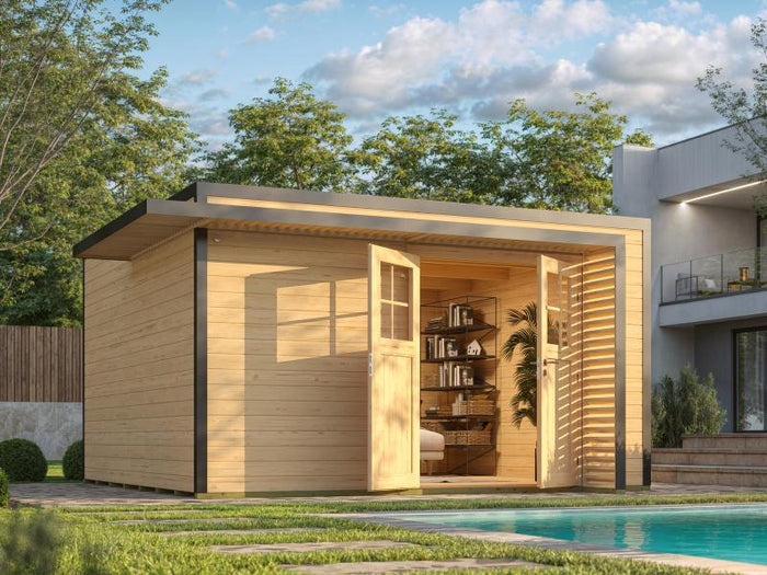 Weka Design-Gartenhaus Pure Garden Amberley 1/3, 44 mm, 400x400 cm, Naturbelassen, Massivholz-Doppel