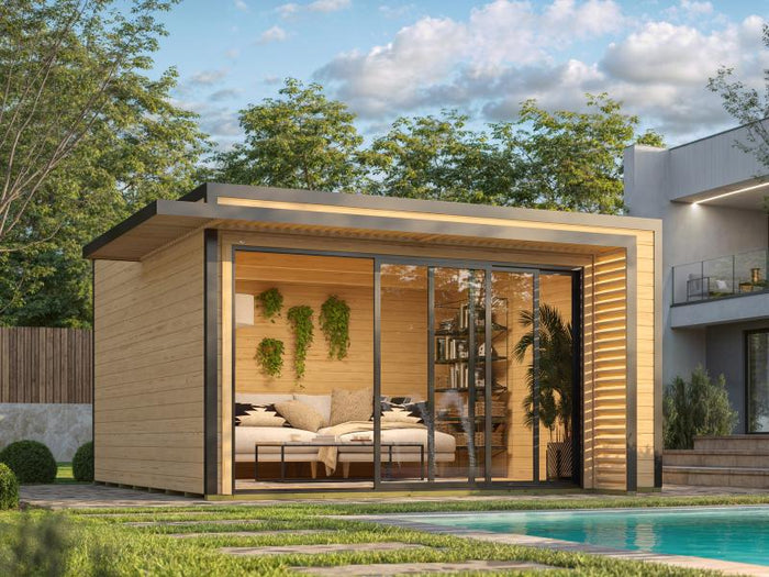 Weka Design-Gartenhaus Pure Garden Amberley 1/3, 44 mm, 400x400 cm, Naturbelassen, große Schiebetür