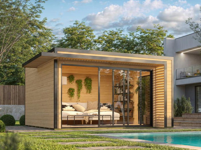 Weka Design-Gartenhaus Pure Garden Amberley 1/3, 44 mm, 400x400 cm, Naturbelassen, große Schiebetür,