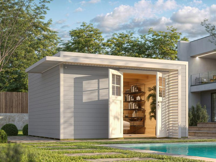 Weka Design-Gartenhaus Pure Garden Amberley 1/3, 44 mm, 400x400 cm, Grau/Weiß, Massivholz-Doppeltür