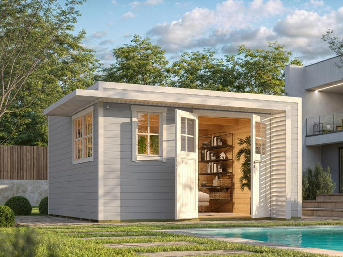 Weka Design-Gartenhaus Pure Garden Amberley 1/3, 44 mm, 400x400 cm, Grau/Weiß, Massivholz-Doppeltür