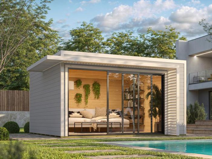 Weka Design-Gartenhaus Pure Garden Amberley 1/3, 44 mm, 400x400 cm, Grau/Weiß, große Schiebetür