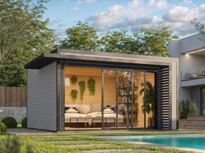 Weka Design-Gartenhaus Pure Garden Amberley 1/3, 44 mm, 400x400 cm, Grau/Anthrazit, große Schiebetür