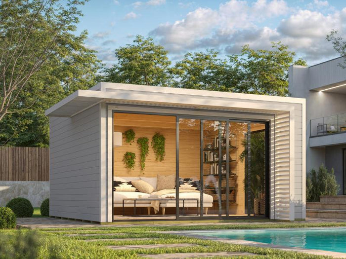 Weka Design-Gartenhaus Pure Garden Amberley 1/3, 44 mm, 400x400 cm, Grau/Weiß, große Schiebetür, mit