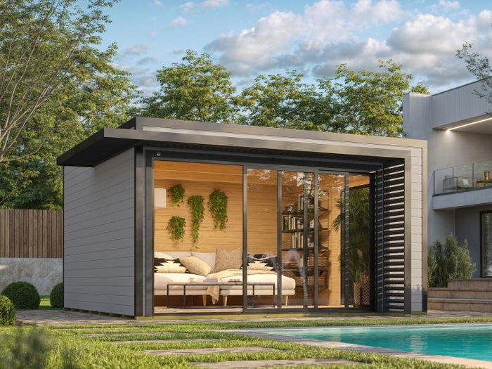 Weka Design-Gartenhaus Pure Garden Amberley 1/3, 44 mm, 400x400 cm, Grau/Anthrazit, große Schiebetür