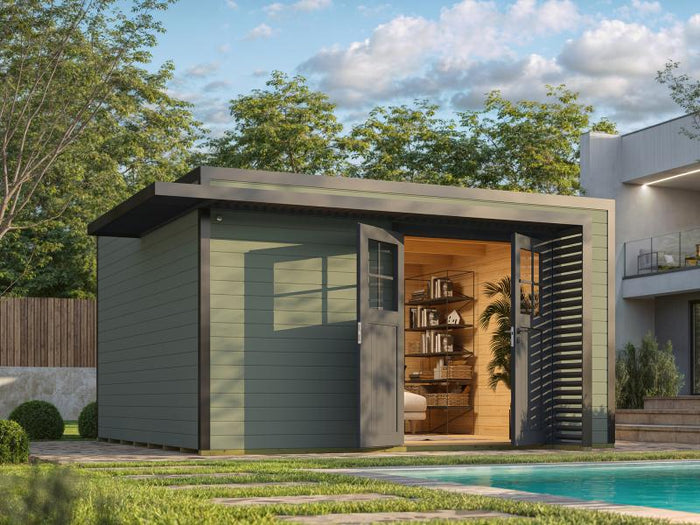 Weka Design-Gartenhaus Pure Garden Amberley 1/3, 44 mm, 400x400 cm, Graugrün/Anthrazit, Massivholz-D