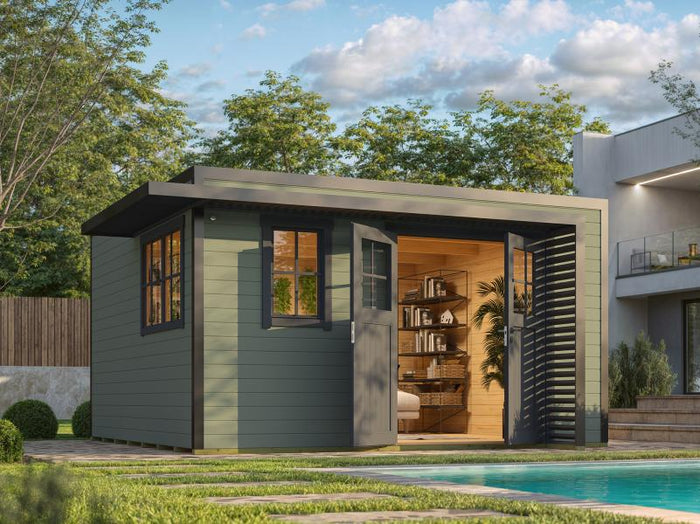 Weka Design-Gartenhaus Pure Garden Amberley 1/3, 44 mm, 400x400 cm, Graugrün/Anthrazit, Massivholz-D