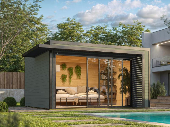 Weka Design-Gartenhaus Pure Garden Amberley 1/3, 44 mm, 400x400 cm, Graugrün/Anthrazit, große Schieb