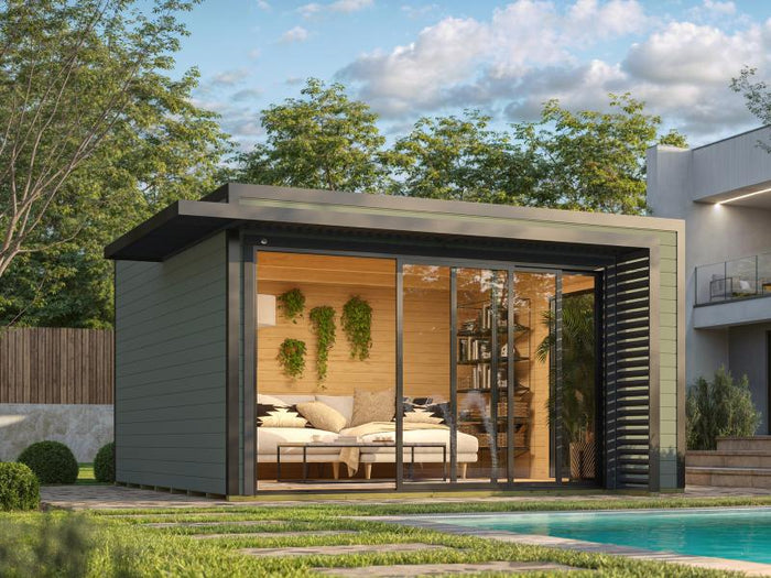 Weka Design-Gartenhaus Pure Garden Amberley 1/3, 44 mm, 400x400 cm, Graugrün/Anthrazit, große Schieb