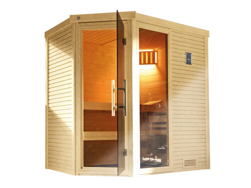 Weka Design-Massivholzsauna Cubilis Eck 1 inkl. Sauna-Leuchtenset, Lieferung und Montage
