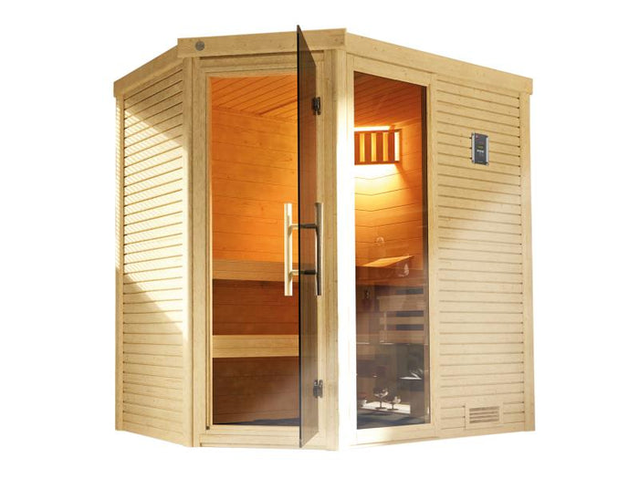 Weka Design-Massivholzsauna Cubilis Eck 1 inkl. Sauna-Leuchtenset, Lieferung und Montage