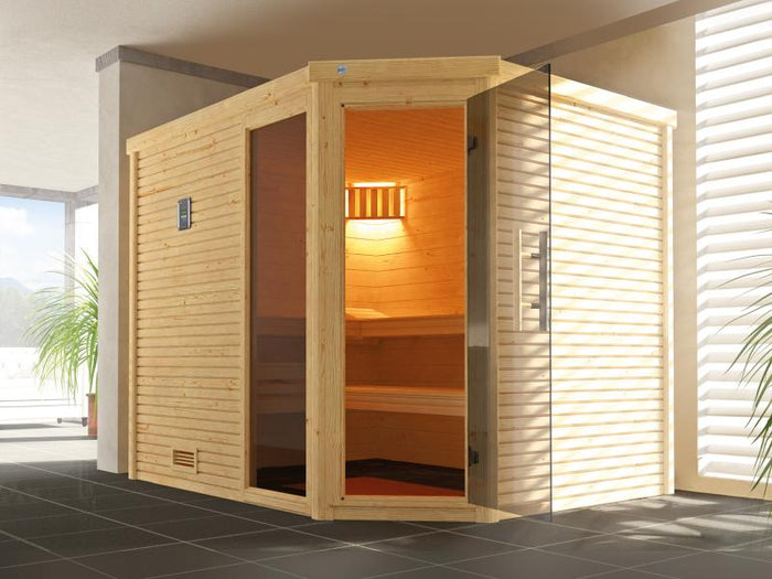 Weka Design-Massivholzsauna Cubilis Eck 3 GTF - inklusive Sauna-Leuchtenset, Lieferung und Montage