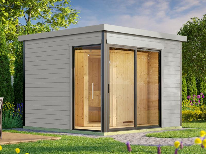 Weka Design-Saunahaus SH 412, hellgrau, inkl. 9 kW Saunaofen Kompakt integr. Steuerung