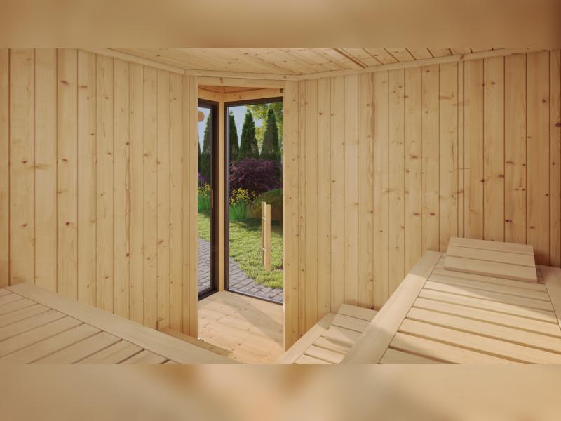 Weka Design-Saunahaus SH 412, hellgrau, inkl. 9 kW Saunaofen Kompakt integr. Steuerung