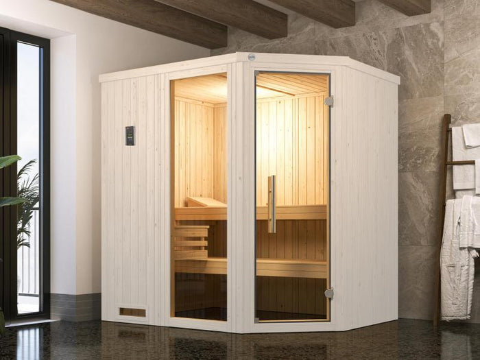 Weka Elementsauna Varberg 1,weiß, inkl. 4,5 kW Bioofen (BioS) mit digitaler Steuerung, Ganzglastür u