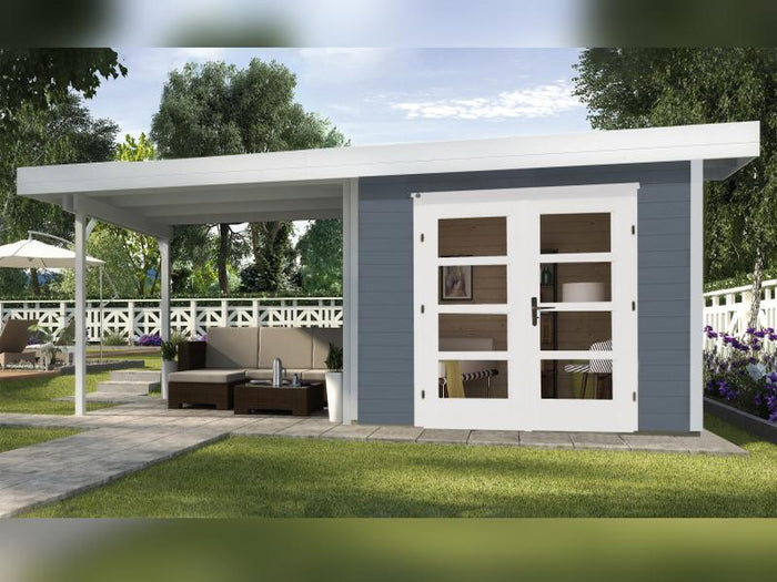 Weka Gartenhaus 126 B Plus Gr. 2 grau mit Anbaudach 300 cm